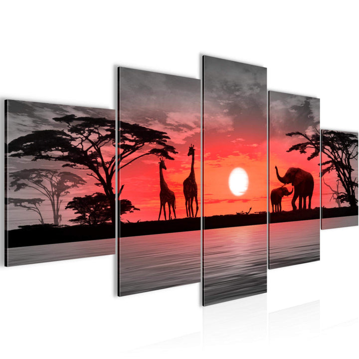 Runa Art Bild Wohnzimmer Schlafzimmer Afrika Sonnenuntergang 5 Teilig Giraffe Elefant Orange Wandbil