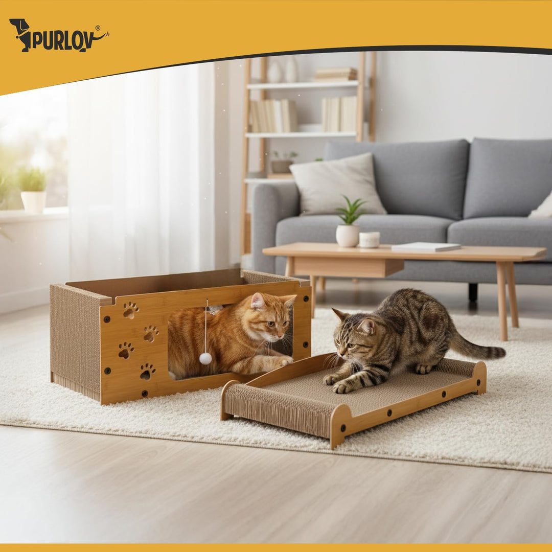 Purlov Katzen Kratzhaus 3-in-1 mit 2 Ebenen – HDF & extra Feste Wellpappe, Liegeplatz + Kratzfläche