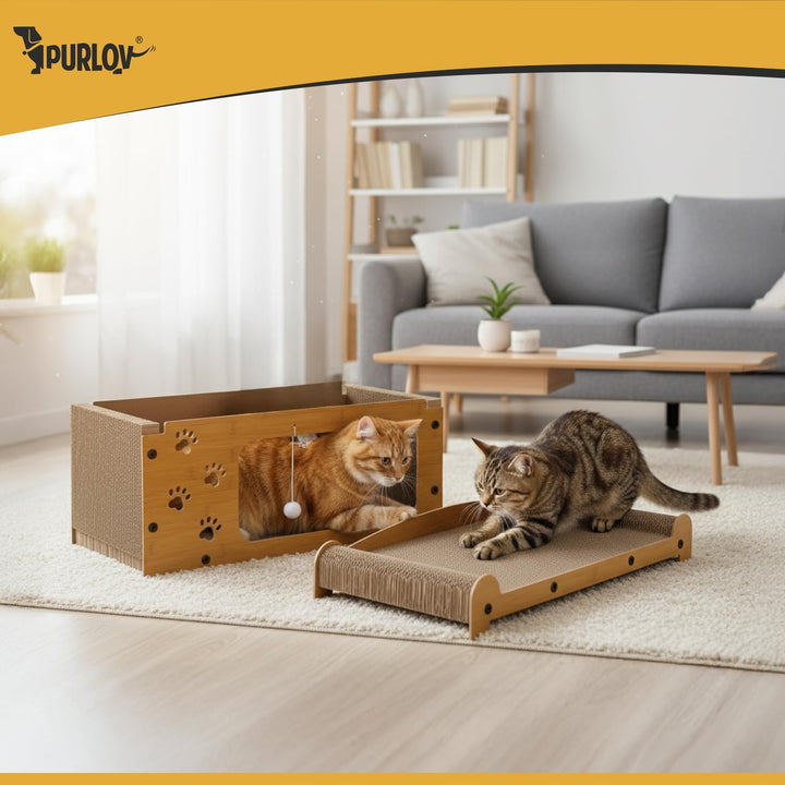 Purlov Katzen Kratzhaus 3-in-1 mit 2 Ebenen – HDF & extra Feste Wellpappe, Liegeplatz + Kratzfläche