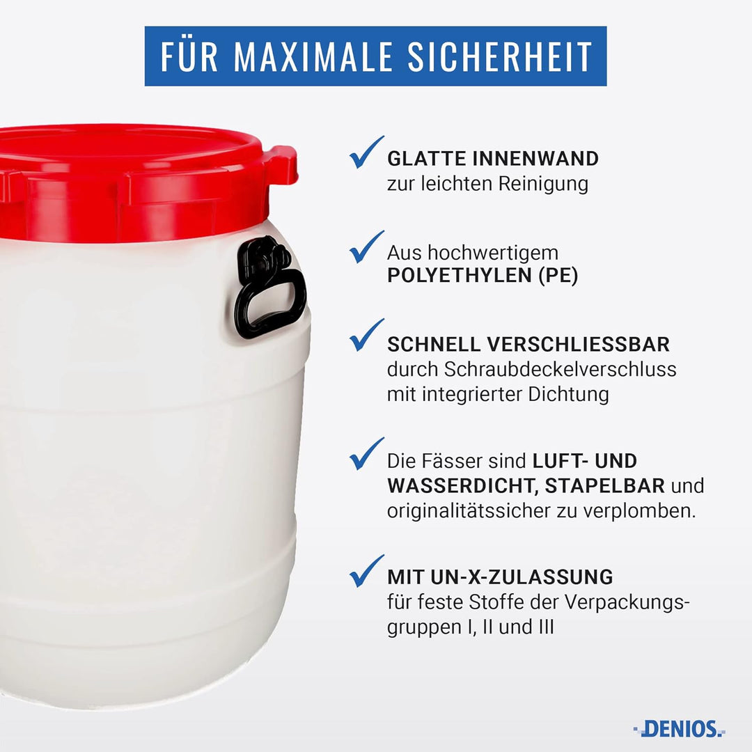 DENIOS® Weithalsfass WH 55, aus Polyethylen (PE), 55 Liter Volumen, weiss/rot, 55 Liter
