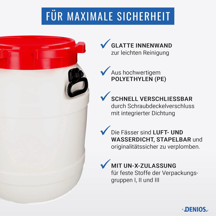 DENIOS® Weithalsfass WH 55, aus Polyethylen (PE), 55 Liter Volumen, weiss/rot, 55 Liter