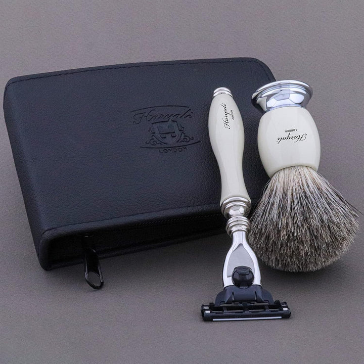 Rasier Set Herren – Dachshaar Rasierpinsel & 3 Kante Kompatibler Rasierer mit Reiseetui – Nassrasur