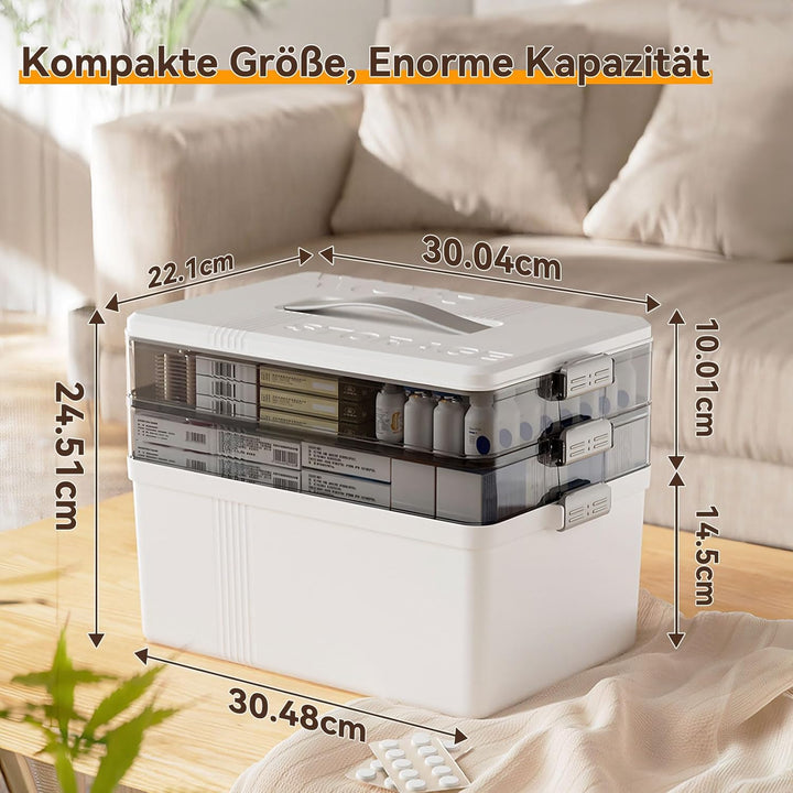 3-stöckige Medikamenten Aufbewahrung Grosse Kapazität Medikamenten Organizer mit Griff, Kunststoff H