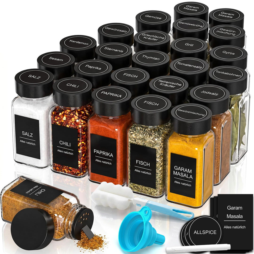Gewürzgläser Set aus 24 eckigen Gewürzdosen (120ml) – Ihr kompletter Gewürze Organizer mit Deckel, S
