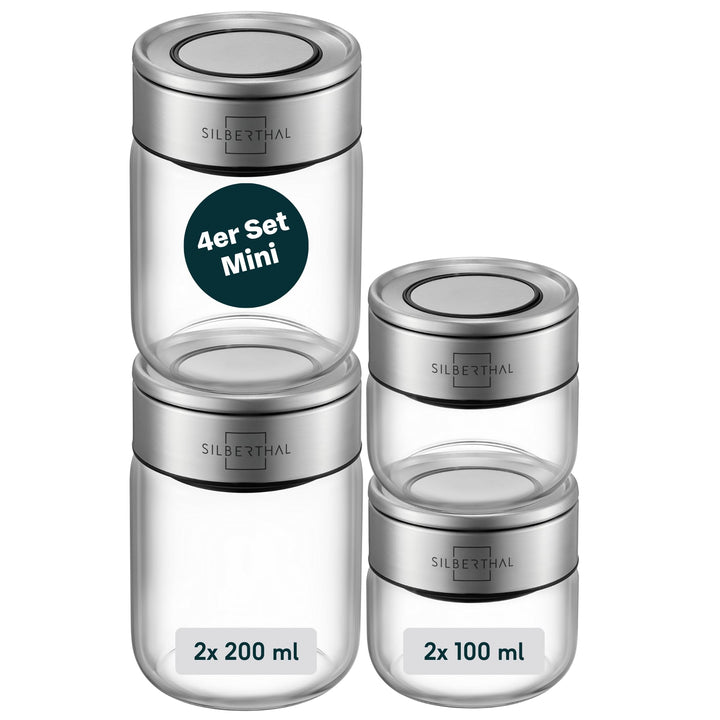 SILBERTHAL Gewürzglas 4er Set 2x 100ml, 2x 200ml Rund - mit Klickdeckel stapelbar - Vorratsglas mott