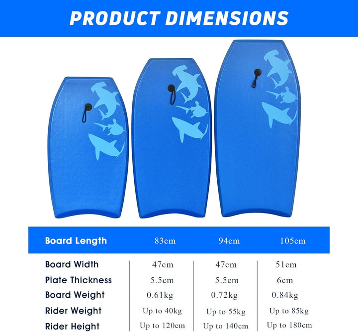 HOMASIS Bodyboard mit Halteleine, Rutschfestes Schwimmbrett aus XPE &amp; HDPE, Surfbrett mit Hai-Aufdru