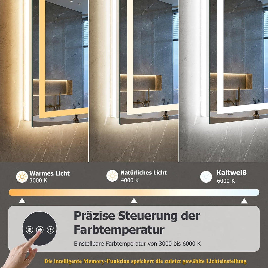 XRAMFY Badspiegel mit Beleuchtung 50x70cm mit Anti-Beschlag, IP65 Wassergeschützt, Spiegel mit Beleu