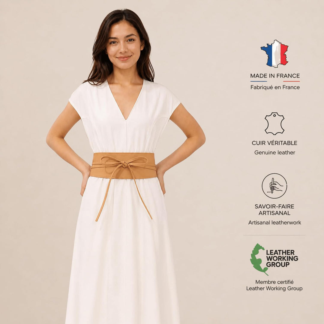 FASHIONGEN - Echtem Rindsleder Vollnarbenleder Obi Gürtel für Damen, Bindgürtel, CASSIANE Beige L-XL
