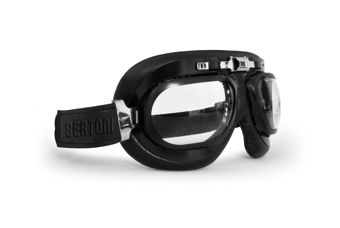 BERTONI Motorradbrille Schutzbrille Vintage mit Chrom Stahlrahmen – Fliegerbrille aus Leder für Harl