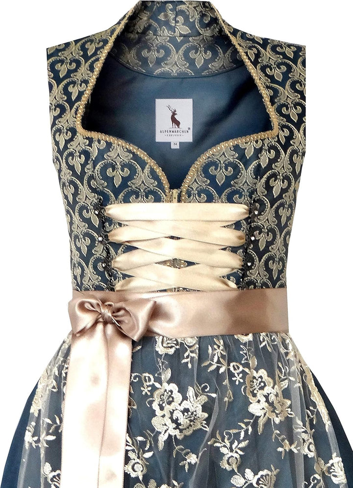 Alpenmärchen Midi Dirndl aus Exklusiver Kollektion inkl. Spitzenschürze Gr.32-54 - ALM660 32 Blau-go