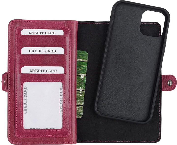 HANS/SON iPhone 13 Lederhülle mit Geldbörse | 2-in-1 Handyhülle in Magenta aus Echtleder | iPhone 13