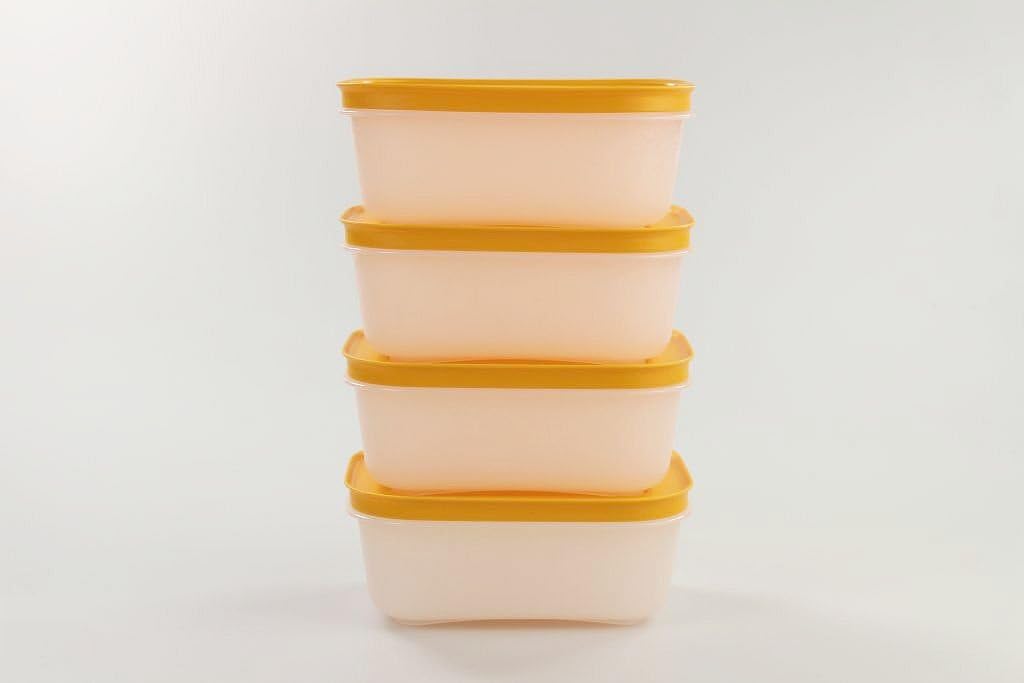 TUPPERWARE (4) 450ml Eiskristall Dosen Gefrier-Behälter orange-weiss 10085