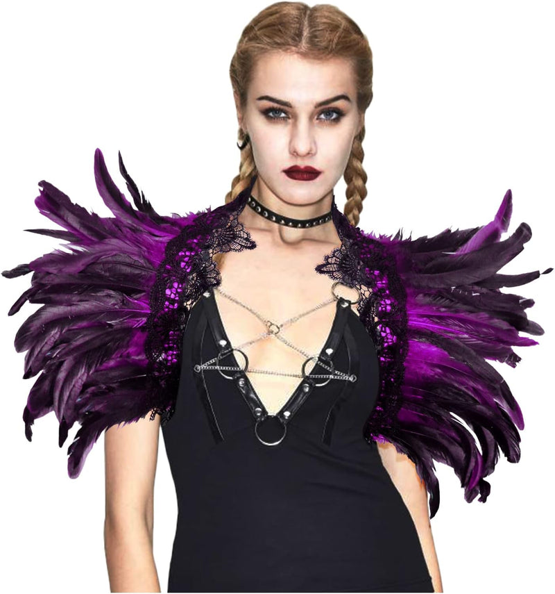 keland Damen schwarz echte Feder Achselzucken Schal Wrap Lace Kragen Halloween Kostüm Schal Top(Viol