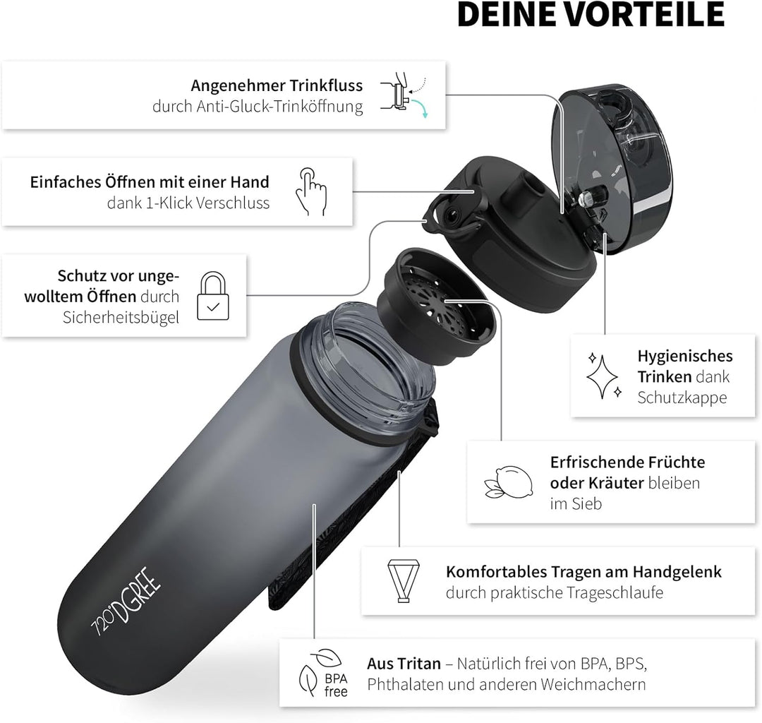 720°DGREE Trinkflasche Kinder 500ml “uberBottle“ softTouch +Sieb - Auslaufsicher, BPA-Frei - Flasche