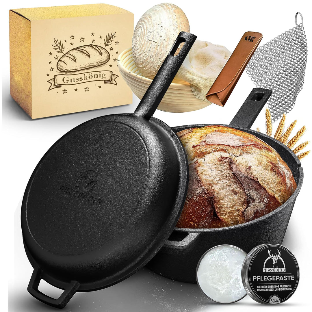 Gusseisen Topf Brot Backen mit Gärkörbchen – eingebrannte Brotbackform mit Deckel: 3L Topf & 1,5L Pf