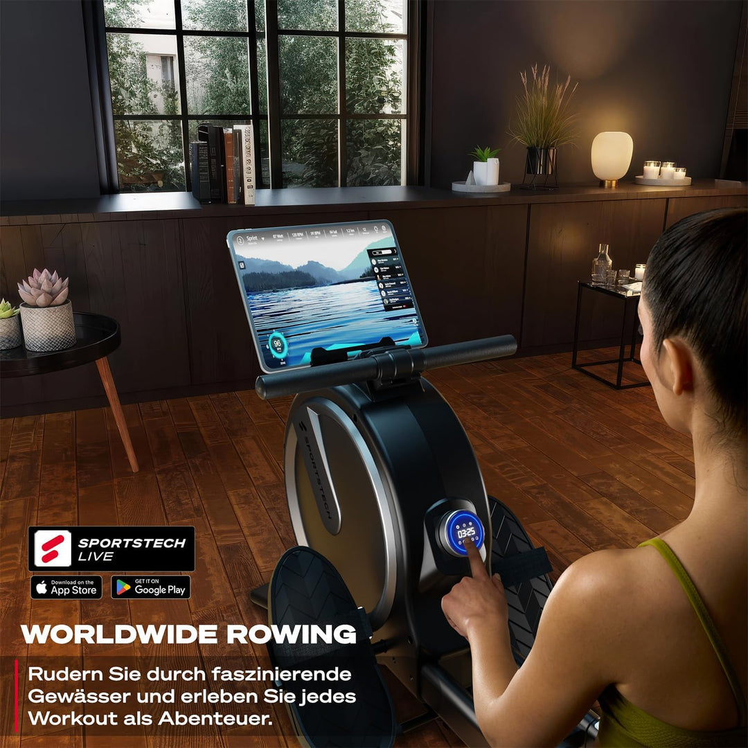 Sportstech PROwer Rudergerät für Zuhause, 32 Stufen Magnetwiderstand, LED Display, Dual Slide Rail,
