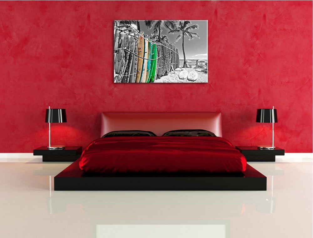 bunter Surfboards am Strand schwarz/weiss Format: 100x70 auf Leinwand, XXL riesige Bilder fertig ger