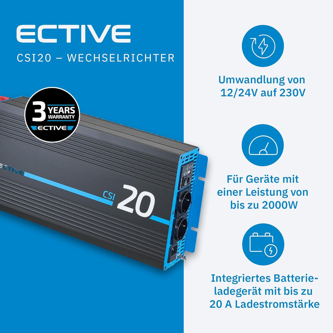 ECTIVE Reiner Sinsus Wechselrichter CSI 20-2000W, 12V auf 230V, USB, USV Funktion, Überhitzungsschut