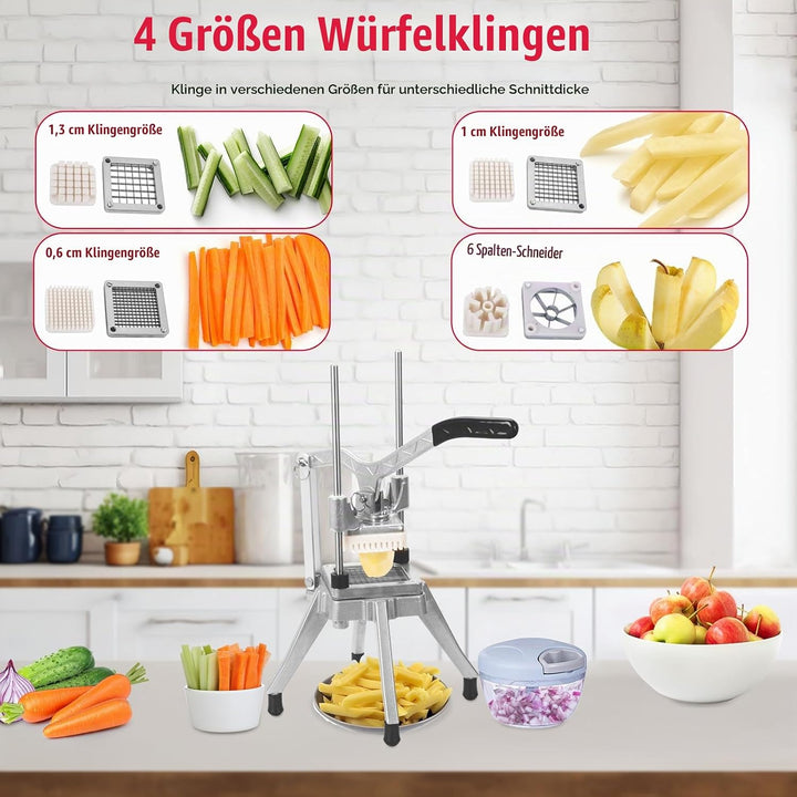 Kartoffelschneider Pommesschneider Professionell mit 6-Keil und 6mm, 9mm und 13mm Edelstahl-Klingen