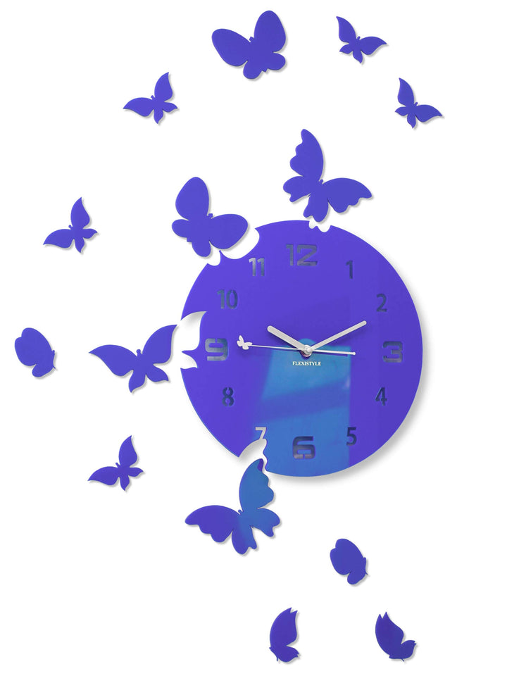 FLEXISTYLE Grosse Moderne Wanduhr Schmetterling rund 30cm, 15 Schmetterlinge, Wohnzimmer, Schlafzimm