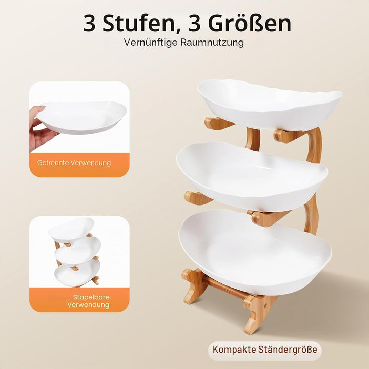 3-stöckige Kunststoff-Obstschale, Obstteller mit Bambusholzständer für Aufbewahrung von Obst und Gem