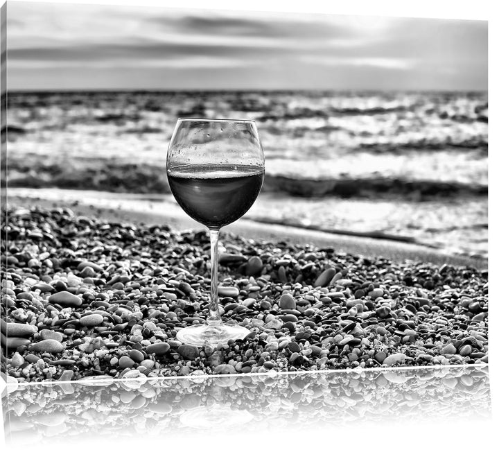 Pixxprint Monocrome, Weinglas am Steinstrand, Format: 100x70 auf Leinwand, 100x70