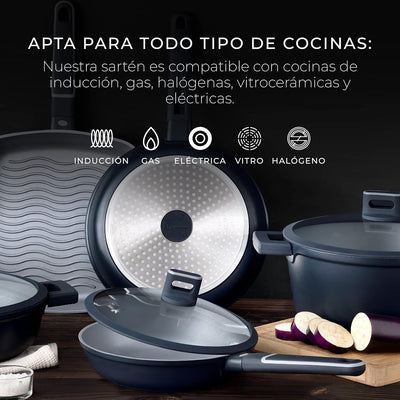 MasterPRO Indigo | Wok mit 28 cm Durchmesser, 8 cm Höhe und Deckel | Aluminiumguss | Maximale Antiha