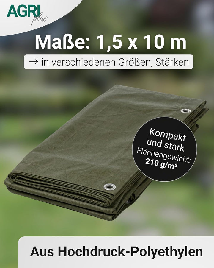 AGRI plus Holzabdeckplane 1,5 x 10 m - mit Ösen &amp; 50 Planenspanner I 210 g/m² PE-Gewebeplane mit rin