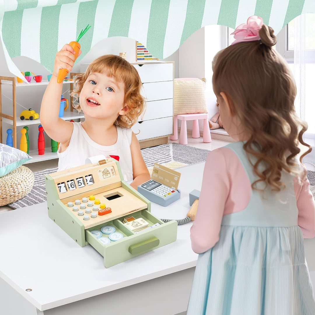 Holzkasse für Kinder – Interaktive Spielkasse für Kaufladen mit Scanner, Kartenleser, Spielgeld & Ho