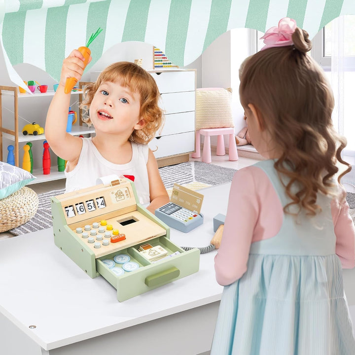 Holzkasse für Kinder – Interaktive Spielkasse für Kaufladen mit Scanner, Kartenleser, Spielgeld & Ho