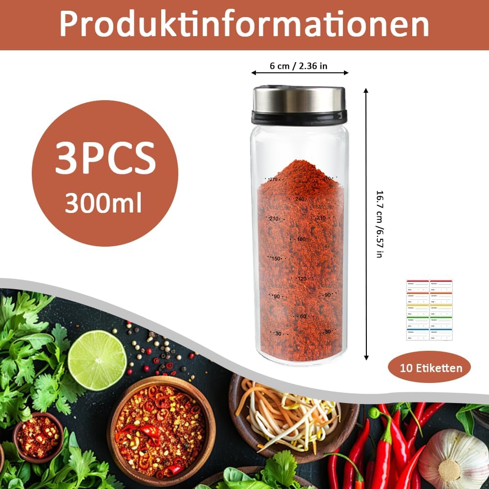 3 Stück Gewürzgläser mit Drehdeckel, 300ml Borosilikatglas Gewürzstreuer Round mit 4 Arten, Luftdich