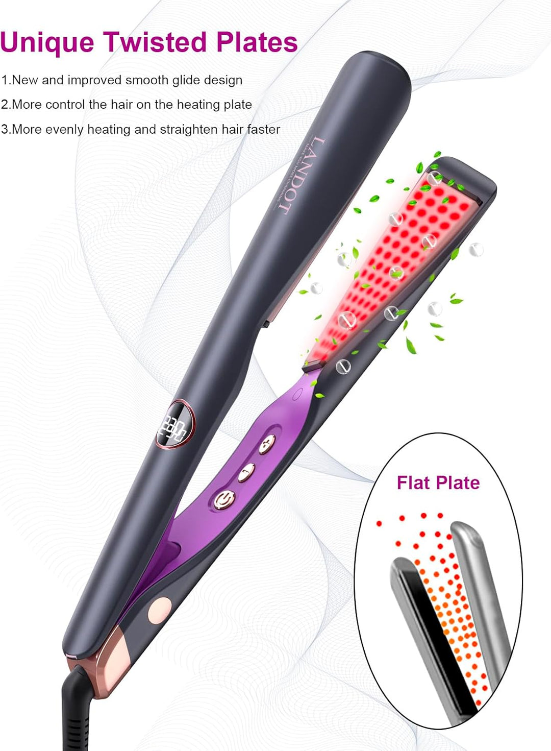 LANDOT Glätteisen für Locken & Glätten: 2 in 1 Lockenstab und Glätteisen mit Geschwungenen Platten -