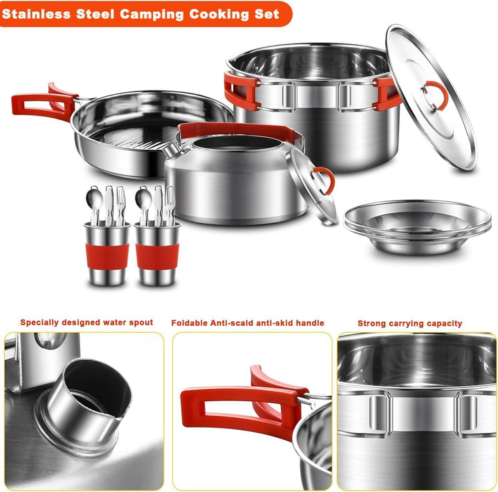 Camping Kochgeschirr Kit, 304 Edelstahl Camping Kochset, Camping Topf und Pfanne Set mit Wasserkoche