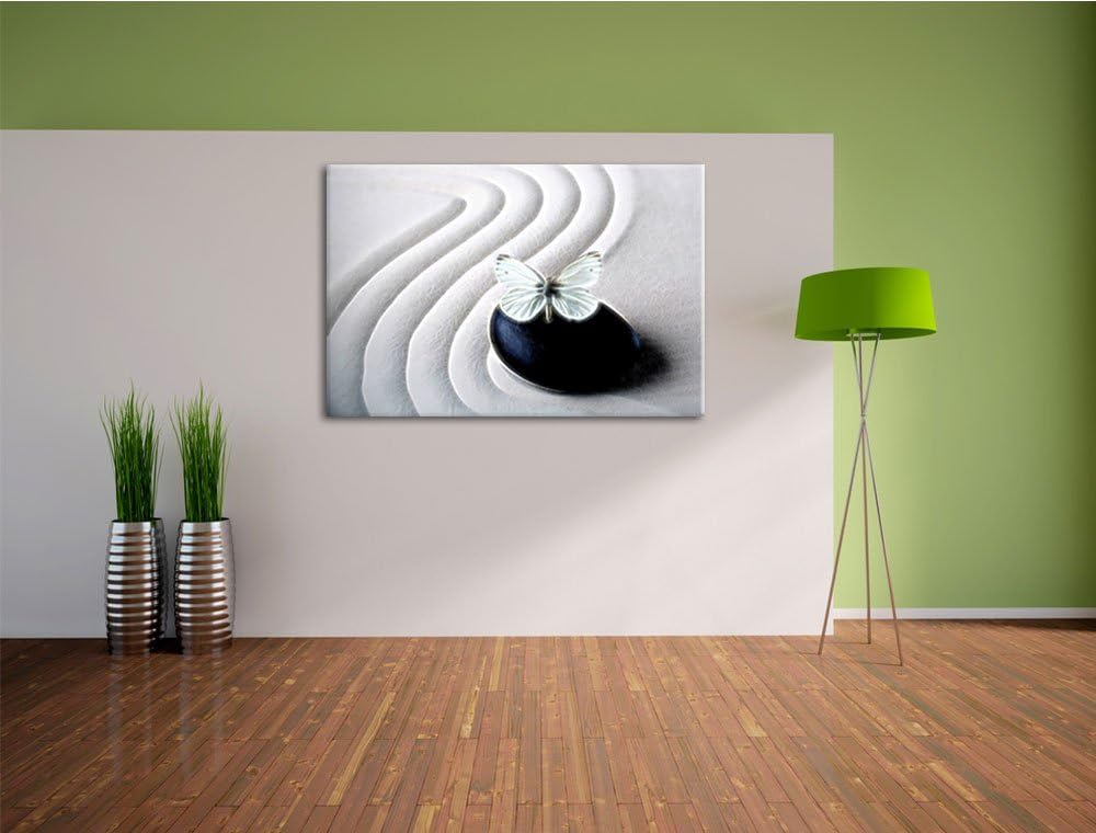 Schmetterling auf Zen Stein im Sand Deluxe Format: 100x70 cm auf Leinwand, XXL riesige Bilder fertig