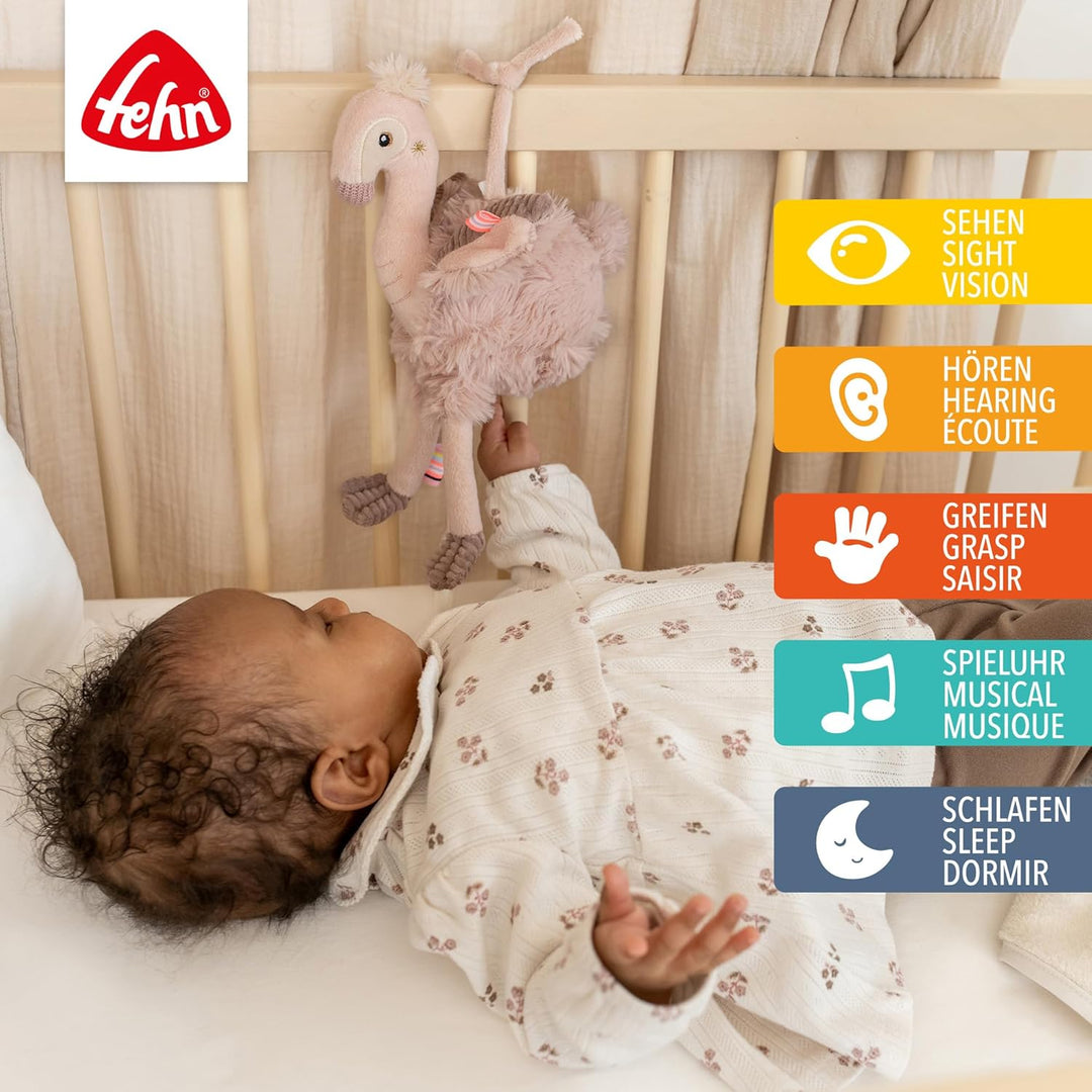 Fehn Mini-Spieluhr Flamingo – Kuscheltier & Einschlafhilfe: Aufzieh-Spieluhr mit sanfter Melodie Sch