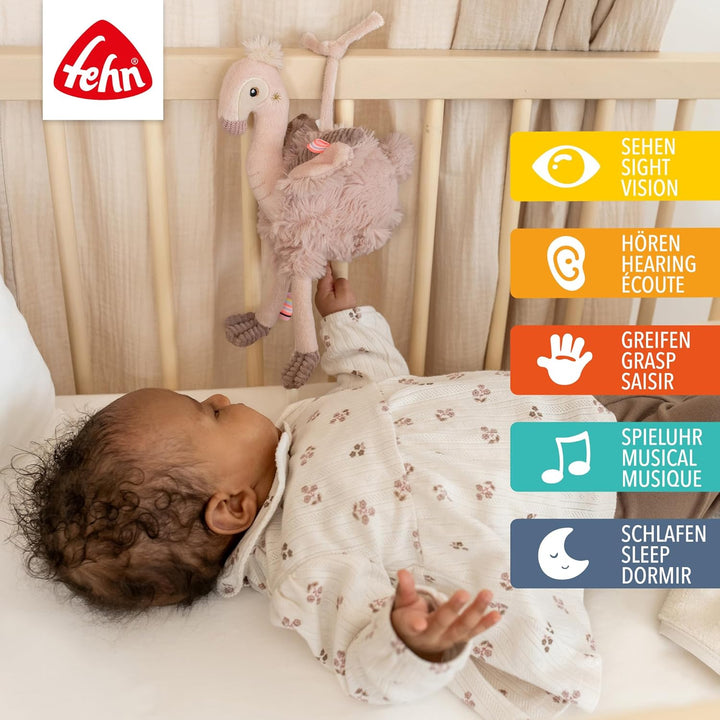 Fehn Mini-Spieluhr Flamingo – Kuscheltier & Einschlafhilfe: Aufzieh-Spieluhr mit sanfter Melodie Sch