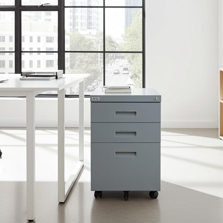 Metall Rollcontainer 3 Schubladen abschliessbar Hängeregister Aktenschrank Büromöbel Homeoffice Büro