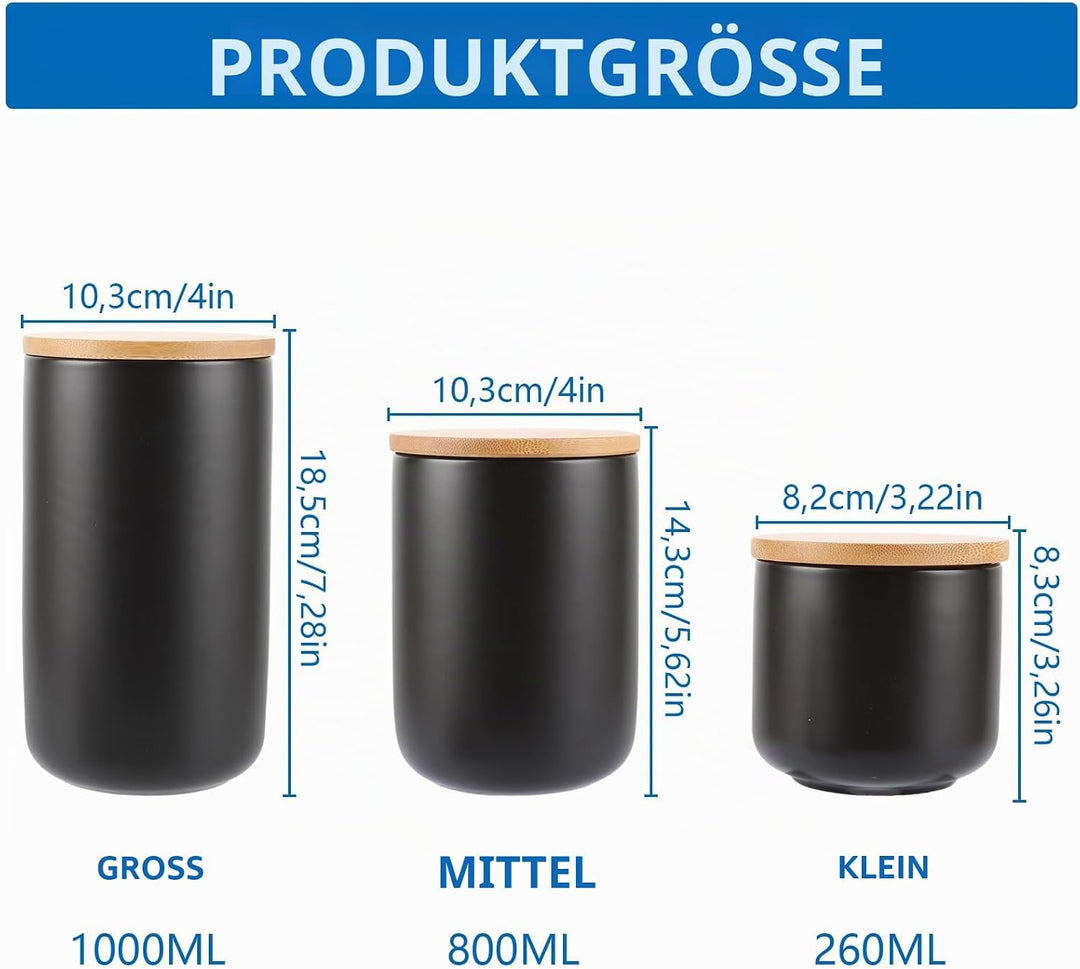 3 Stück Vorratsdosen Schwarz, Vorratsdosen Keramik mit Deckel Luftdicht, Keksdose Keramik 260/800/10