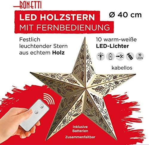LED Stern aus Holz | mit 10 LED´s beleuchtet | kabellos | Fernbedienung | 40 cm / 52 cm | verschiede