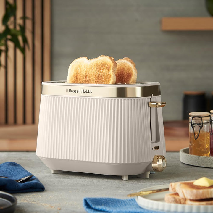 Russell Hobbs Toaster [für 2 Scheiben] Brontë Stone (6 Bräunungsstufen, Mattes Finish, Goldakzente,