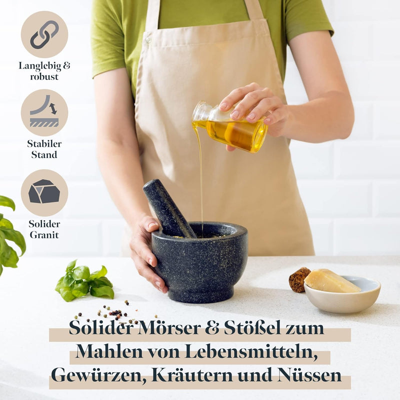 GOURMEO Mörser mit Stössel - Set in Gross aus Massivem Granit Stein - 7 cm Tiefer Mörser mit Aufgera
