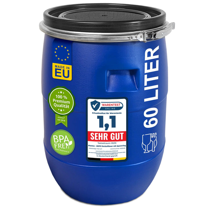 plasteo® 60 Liter Weithalsfass mit Deckel und Spannring, Lebensmittelecht BPA-Frei, Futtertonne Kuns