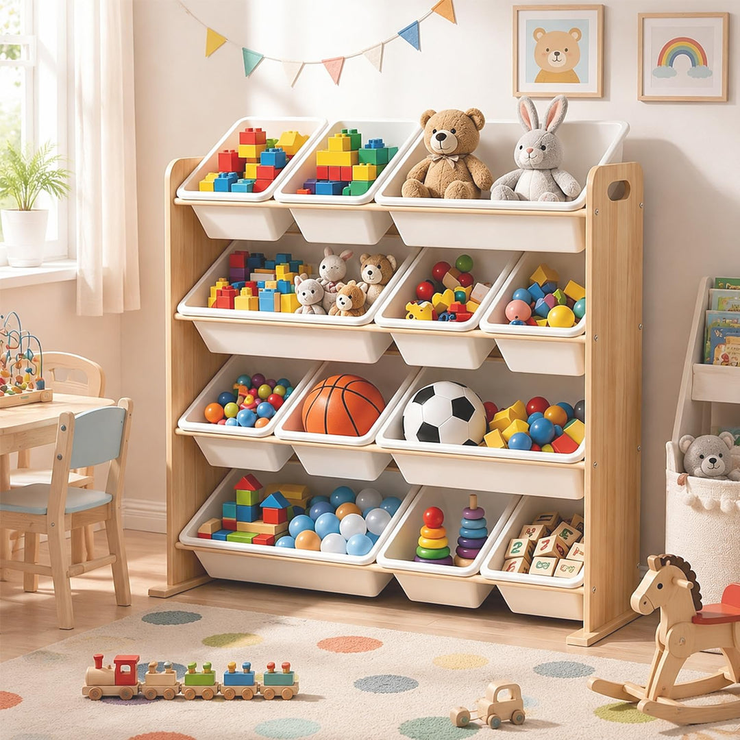 Kinderregal mit 12 Boxen,Spielzeug Organizer Naturholzfarbe | Praktische Spielzeugaufbewahrung mit m