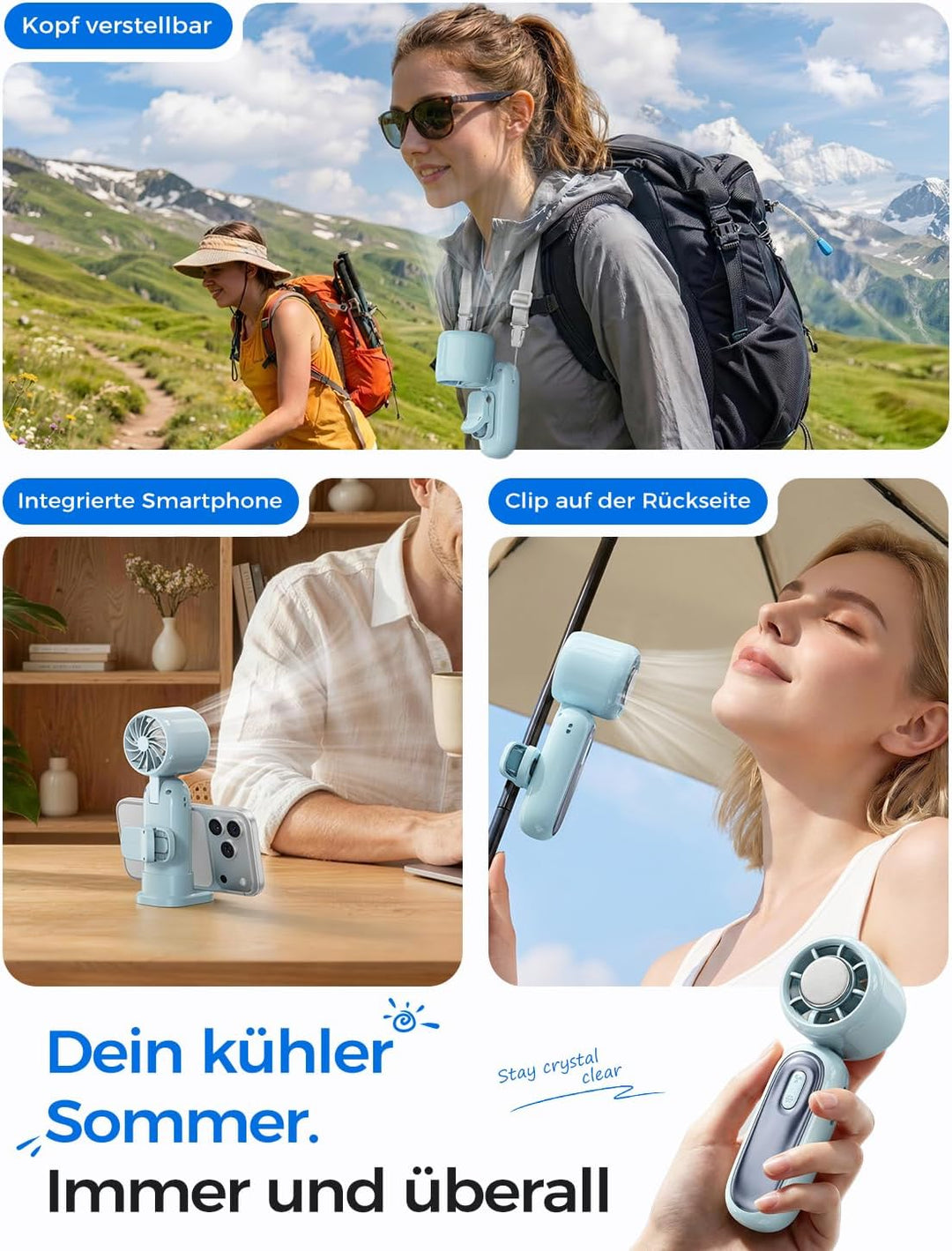MAGIC JOHN Mini Ventilator mit Kühlung, 199 Lüfterstufen, bis zu 11h Laufzeit, USB-C Akku aufladbar,