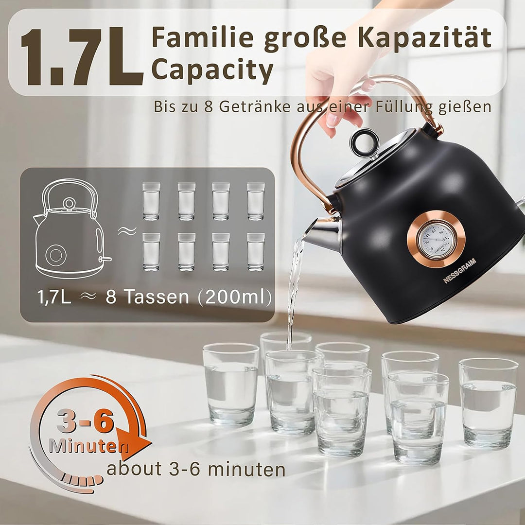 NESSGRAIM Retro Wasserkocher, 1,7 l Edelstahl-Teekessel mit Grosser Temperaturanzeige, 2200W Schnell