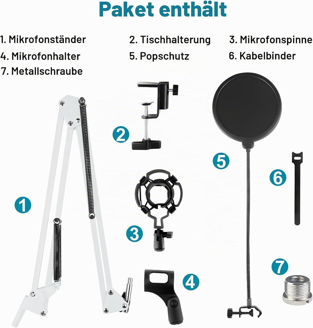 Mikrofon Arm, Mikrofonarm Einstellbare Mikrofonständer Weiss mit Shock Mount, Pop-Filter, 5 Kabelbin