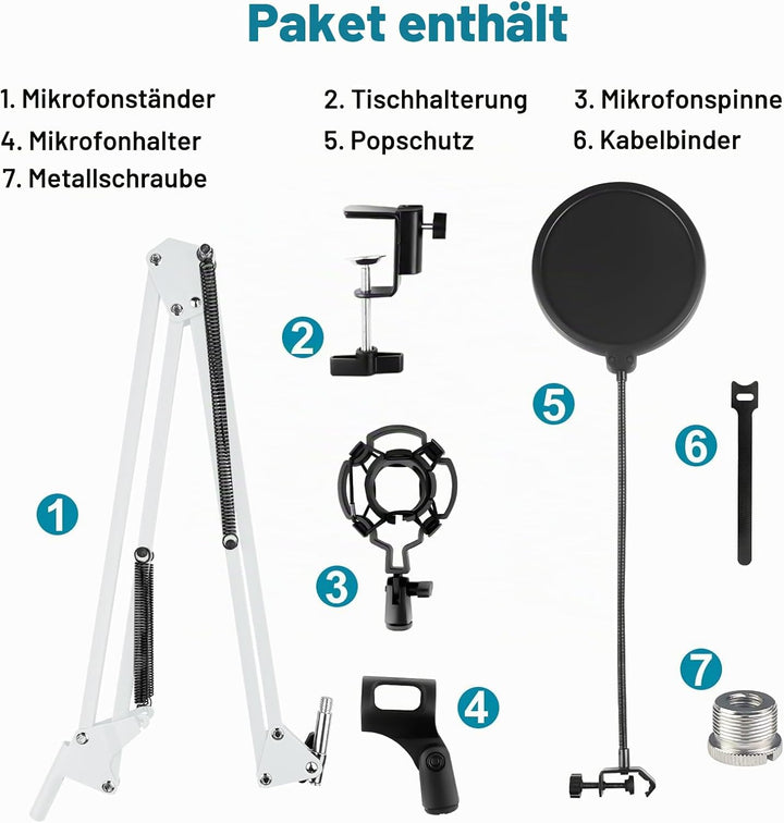 Mikrofon Arm, Mikrofonarm Einstellbare Mikrofonständer Weiss mit Shock Mount, Pop-Filter, 5 Kabelbin