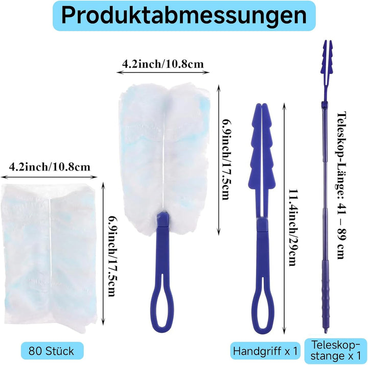 80 Stück Staubmagnet Nachfüllpack, Kompatibel mit Swiffer, Duster Set mit Teleskopstange & Handgriff