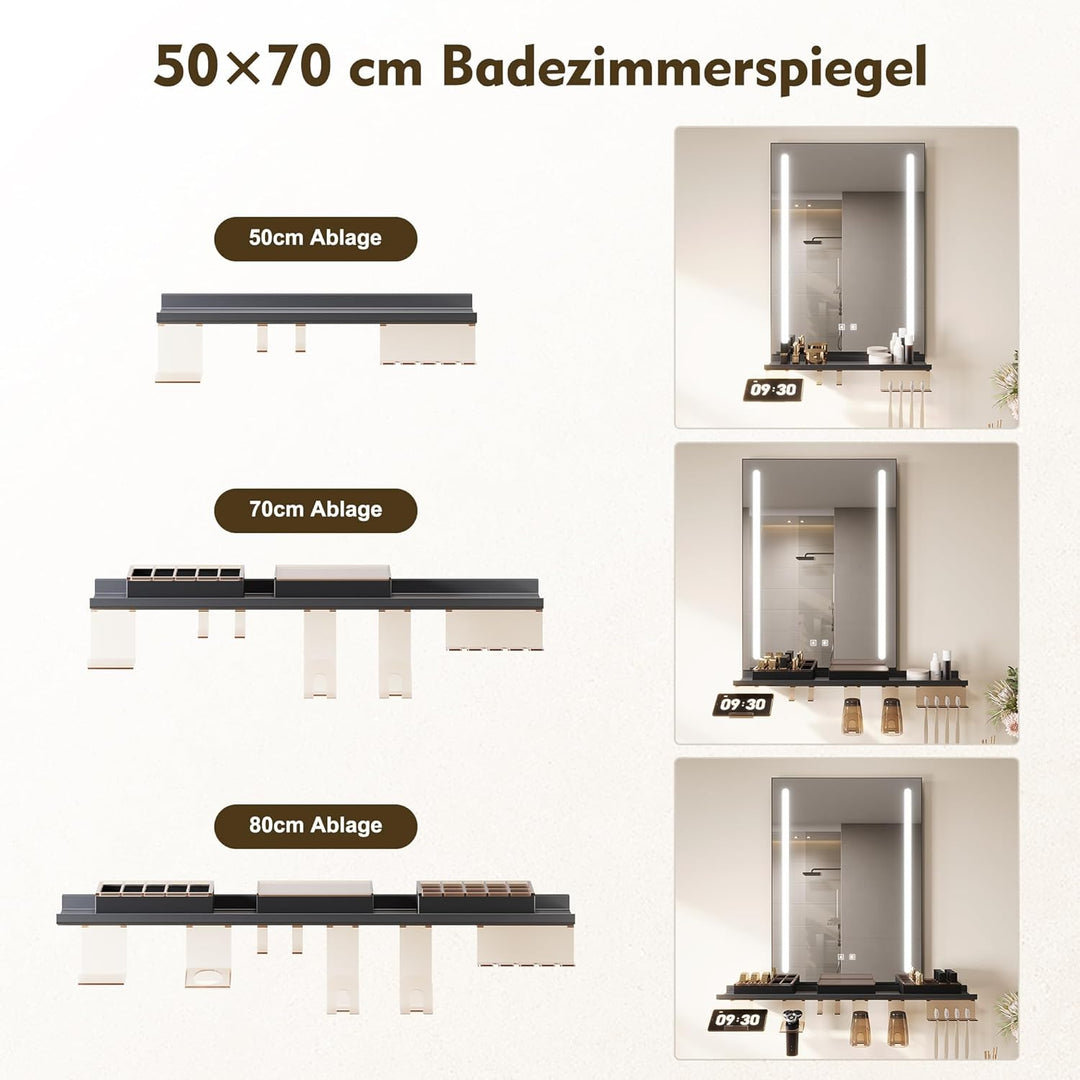 SONNI Badezimmerspiegel mit Beleuchtung 50x70 cm, LED Badspiegel mit Ablage 50cm, 3 einstellbare Lic