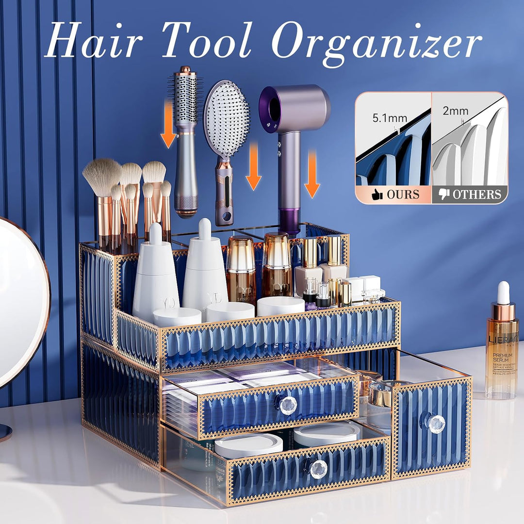 Youdepot Kosmetik Organizer Blau aus gehärtetem Glas, Make-up Organizer für Schminktisch, Skincare,